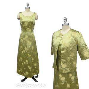 Vintage 60s Dress Jacket Set Size M Green Satin Asian Inspired Hostess Tiki